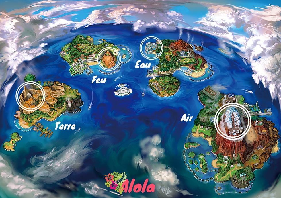 l'air, le feu, l'eau et la terre pour 4 îles dans pokémon soleil et lune